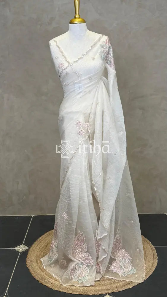 ORGANZA TURKISH APPLIQUE DESIGNER SAREE - OFF WHITE