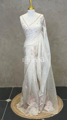 ORGANZA TURKISH APPLIQUE DESIGNER SAREE - OFF WHITE