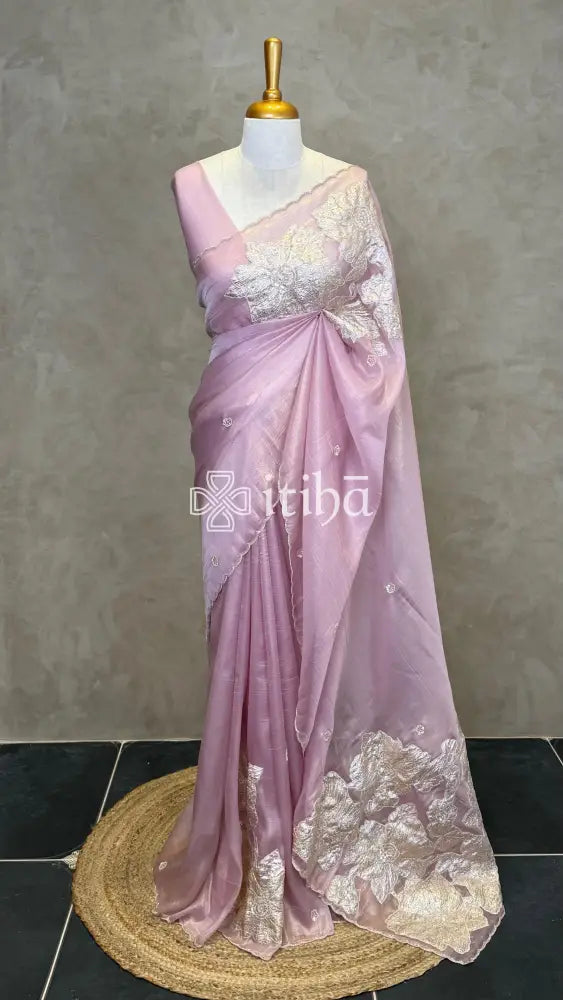 ORGANZA TURKISH APPLIQUE DESIGNER SAREE - PASTEL PINK