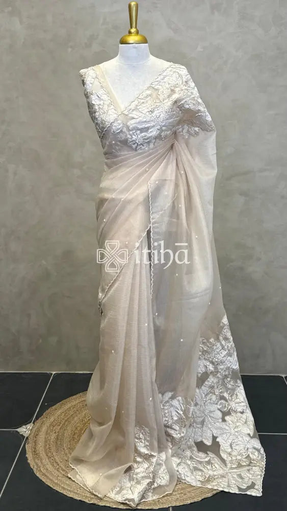 ORGANZA TURKISH APPLIQUE EMBROIDERY SAREE - Beige