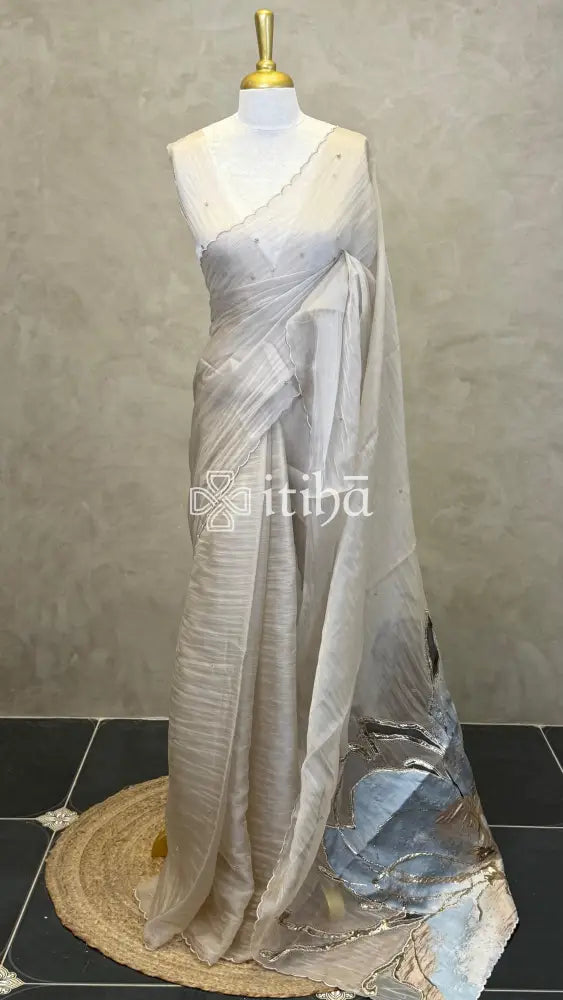 ORGANZA TURKISH APPLIQUE EMBROIDERY SAREE - CHAMPAGNE BEIGE