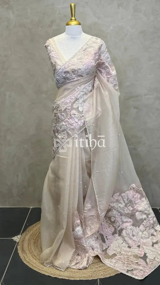 ORGANZA TURKISH APPLIQUE EMBROIDERY SAREE - DARK BEIGE
