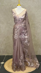ORGANZA TURKISH APPLIQUE EMBROIDERY SAREE - dusty rose