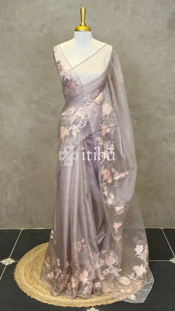 ORGANZA TURKISH APPLIQUE EMBROIDERY SAREE - dusty rose mauve