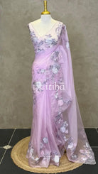 ORGANZA TURKISH APPLIQUE EMBROIDERY SAREE - LILAC