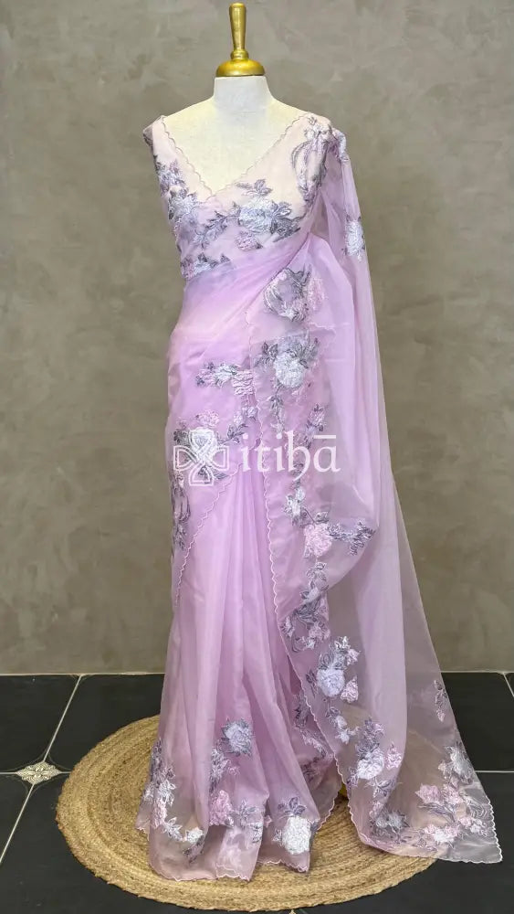 ORGANZA TURKISH APPLIQUE EMBROIDERY SAREE - LILAC