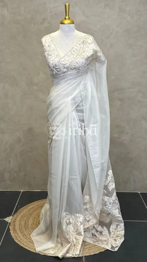 ORGANZA TURKISH APPLIQUE EMBROIDERY SAREE - OFF WHITE