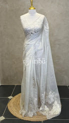 ORGANZA TURKISH APPLIQUE EMBROIDERY SAREE - OFF WHITE