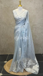 ORGANZA TURKISH APPLIQUE EMBROIDERY SAREE - PASTEL BLUE