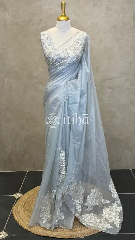 ORGANZA TURKISH APPLIQUE EMBROIDERY SAREE - PASTEL BLUE