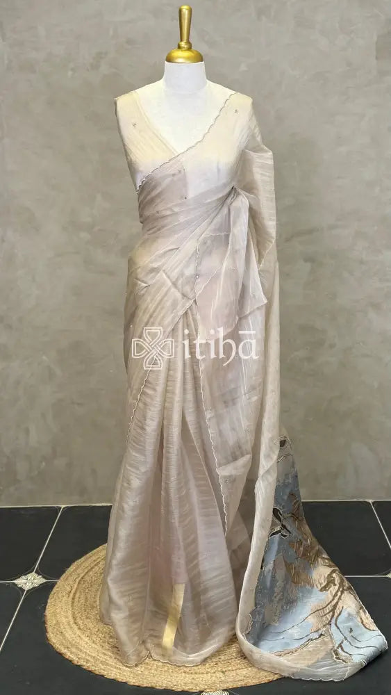 ORGANZA TURKISH APPLIQUE EMBROIDERY SAREE - PASTEL BLUE