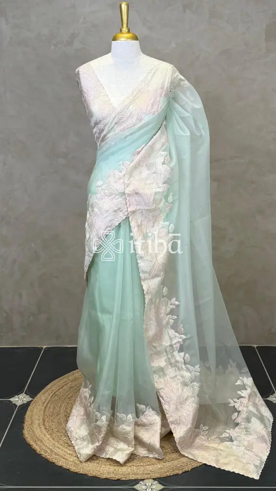 ORGANZA TURKISH APPLIQUE EMBROIDERY SAREE - PASTEL PISTA GREEN