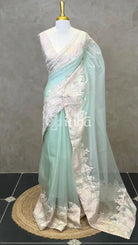 ORGANZA TURKISH APPLIQUE EMBROIDERY SAREE - PASTEL PISTA GREEN