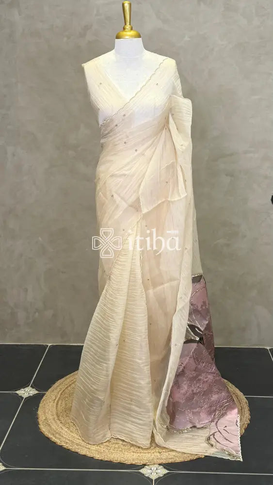 ORGANZA TURKISH APPLIQUE EMBROIDERY SAREE - ROSE PINK