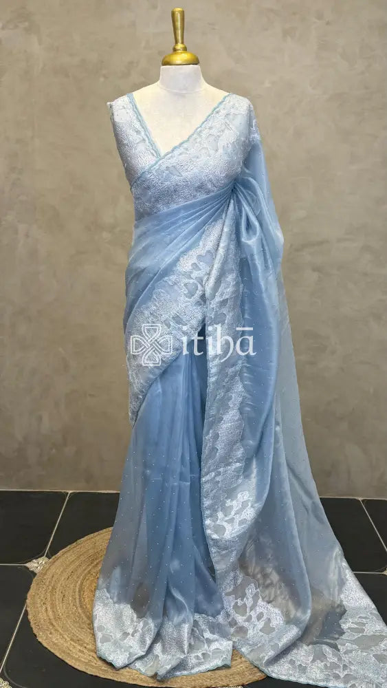 ORGANZA TURKISH APPLIQUE SAREE - PASTEL BLUE