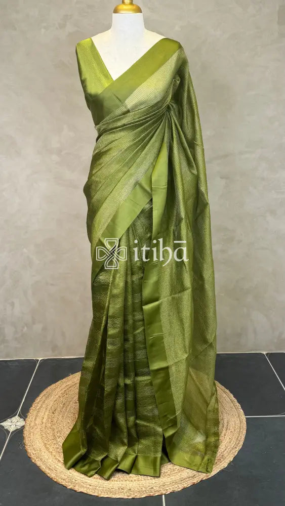 ORGANZA ZARI CHECKS SATIN BORDER BANARASI SAREE - olive green
