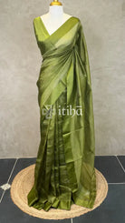 ORGANZA ZARI CHECKS SATIN BORDER BANARASI SAREE - olive green
