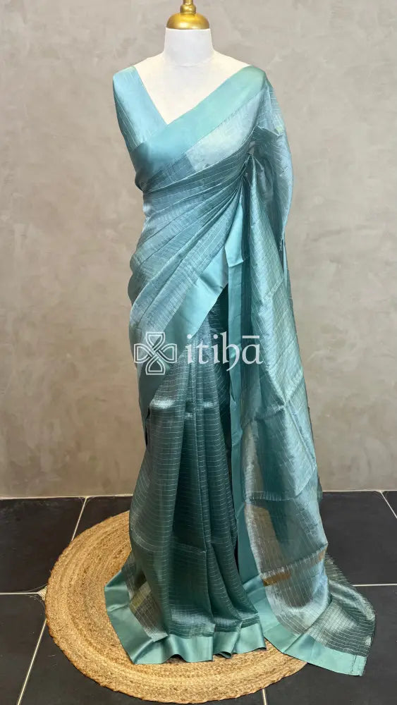 ORGANZA ZARI CHECKS SATIN BORDER BANARASI SAREE - teal blue
