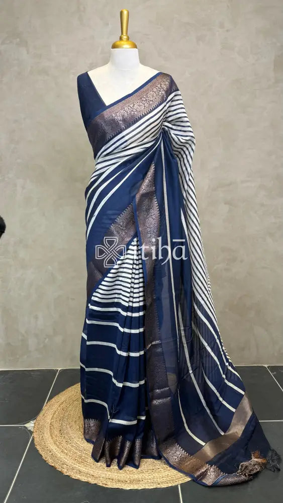 PRINTED CHANDERI BANARASI SAREE - DEEP BLUE