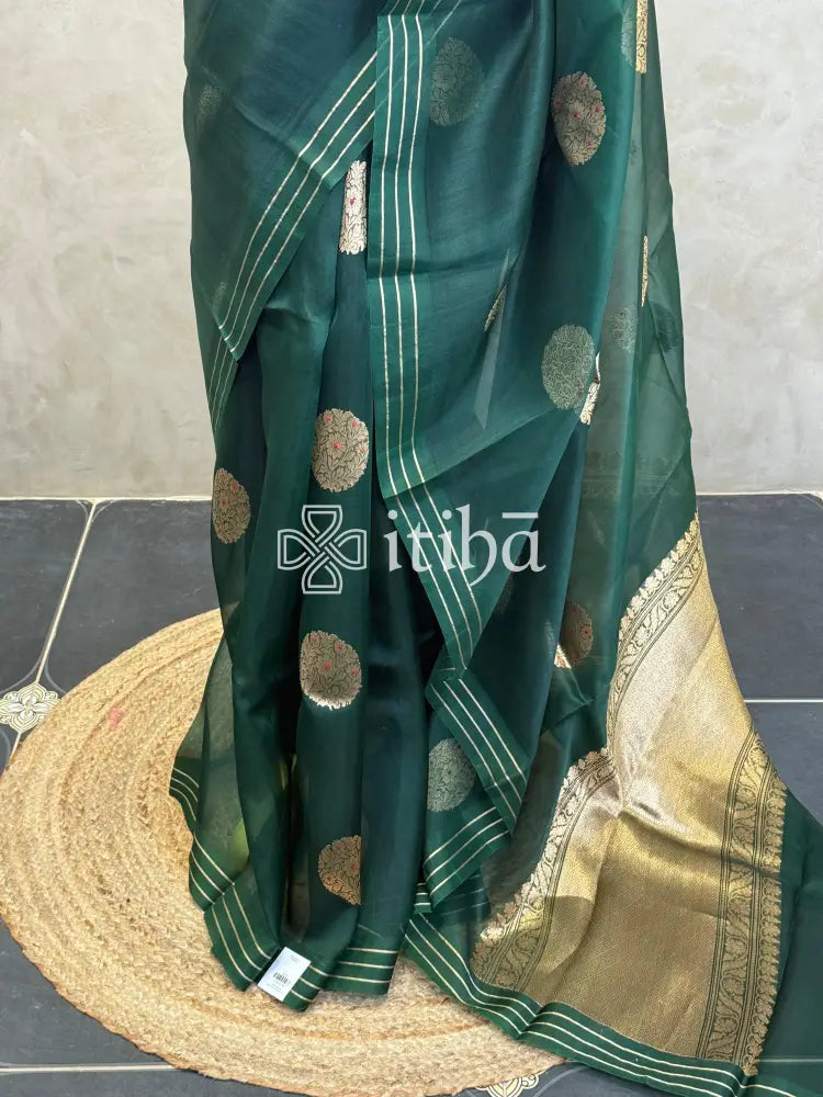 PURE KORA ORGANZA SILK BANARASI SAREE - BOTTLE GREEN