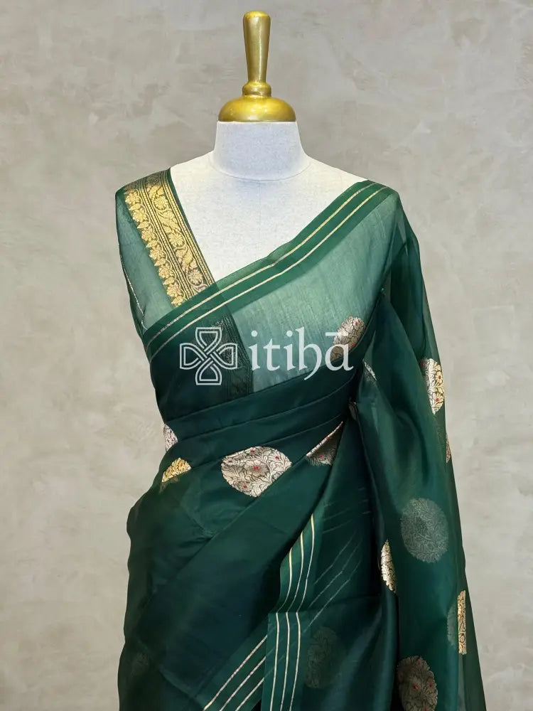 PURE KORA ORGANZA SILK BANARASI SAREE - BOTTLE GREEN