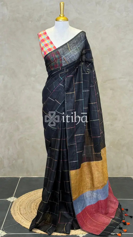 PURE LINEN SAREE - Black