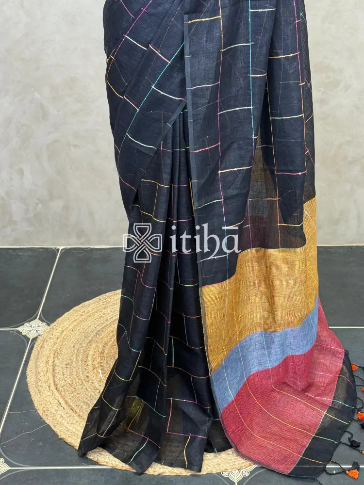 PURE LINEN SAREE - Black