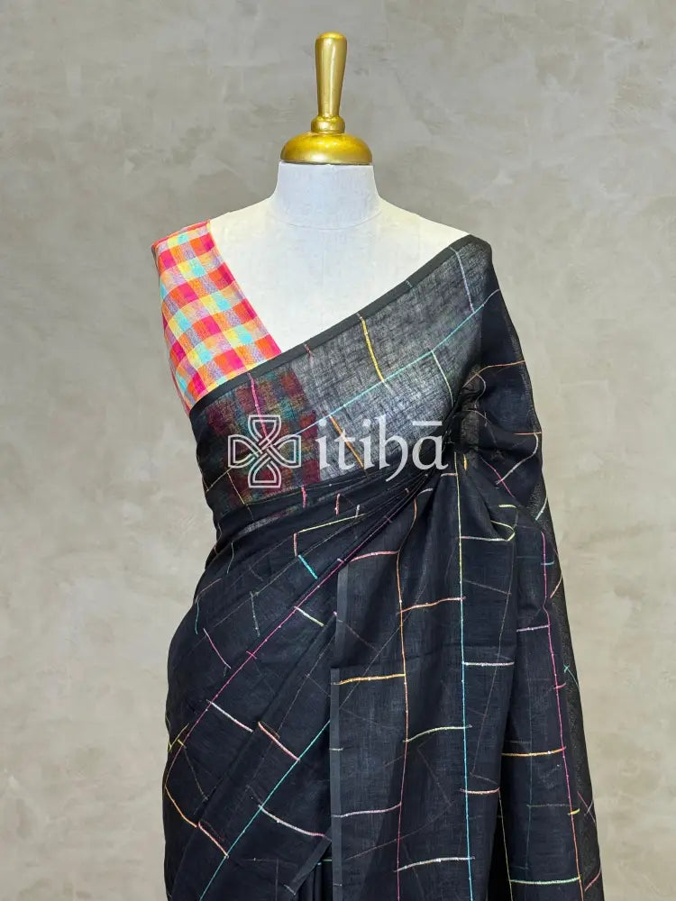 PURE LINEN SAREE - Black