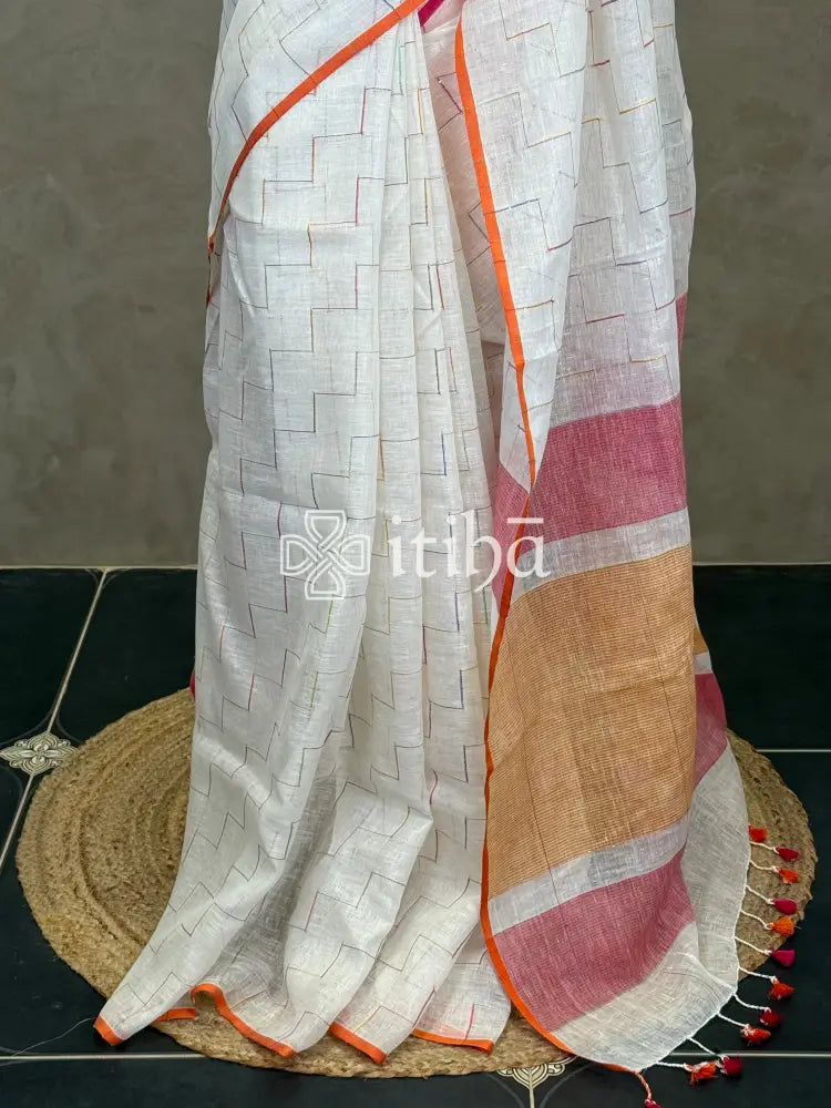 PURE LINEN SAREE - White