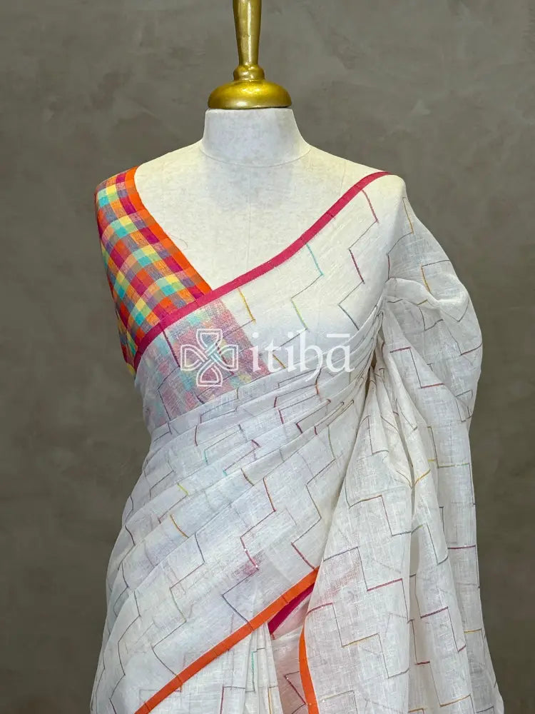 PURE LINEN SAREE - White