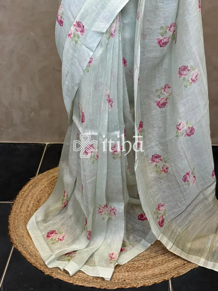 PURE SILK LINEN FLORAL PRINTED SAREE