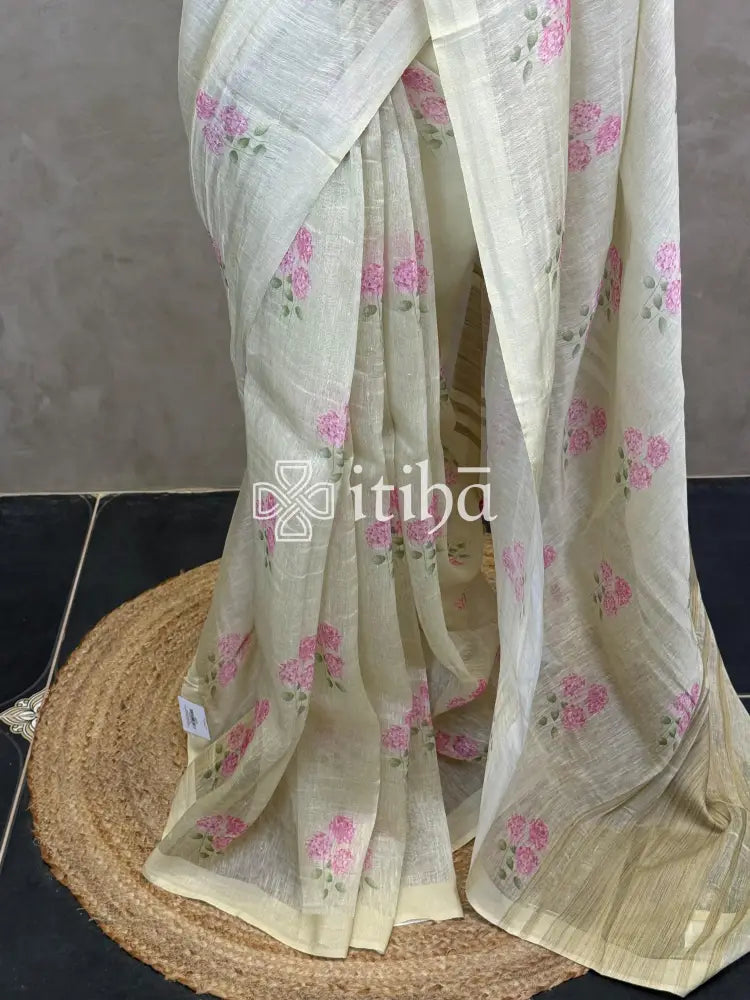 PURE SILK LINEN FLORAL PRINTED SAREE
