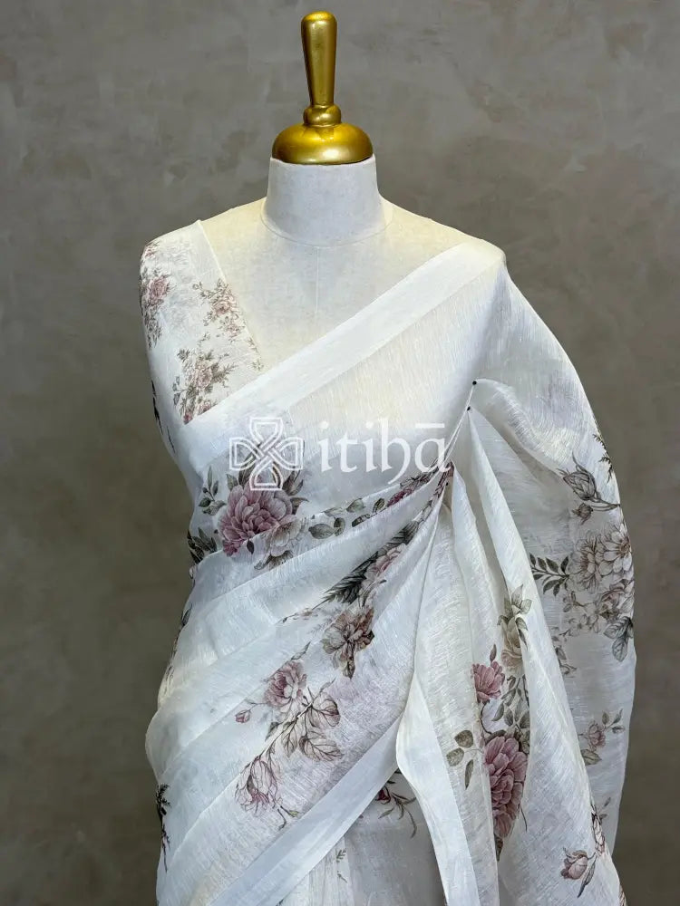 PURE SILK LINEN FLORAL PRINTED SAREE