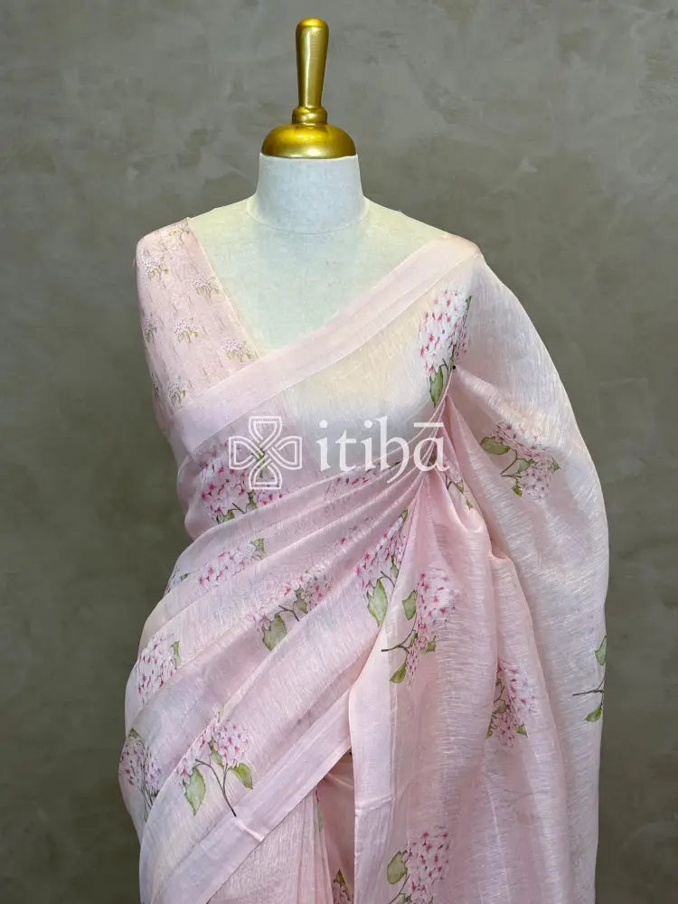 PURE SILK LINEN FLORAL PRINTED SAREE
