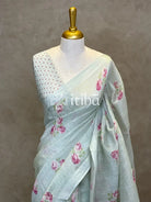 PURE SILK LINEN FLORAL PRINTED SAREE