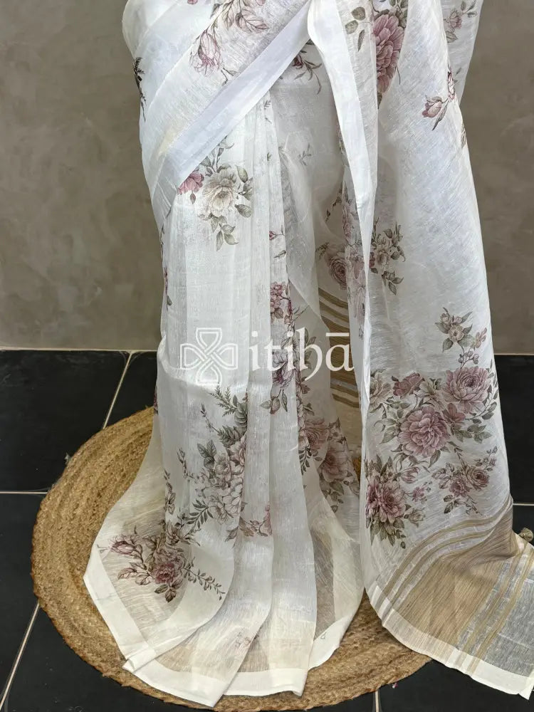 PURE SILK LINEN FLORAL PRINTED SAREE
