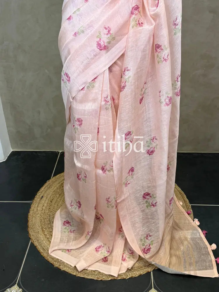 PURE SILK LINEN FLORAL PRINTED SAREE
