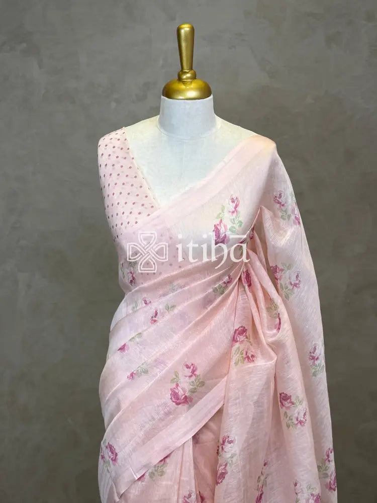 PURE SILK LINEN FLORAL PRINTED SAREE