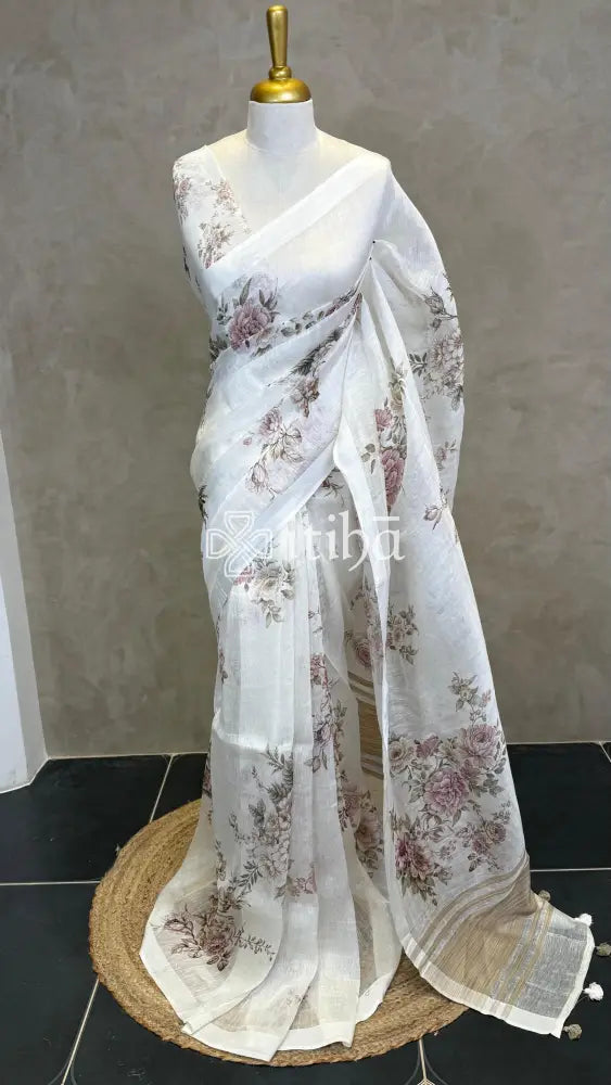 PURE SILK LINEN FLORAL PRINTED SAREE