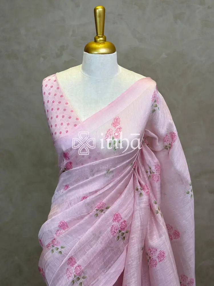 PURE SILK LINEN FLORAL PRINTED SAREE
