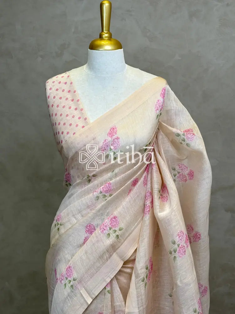 PURE SILK LINEN FLORAL PRINTED SAREE