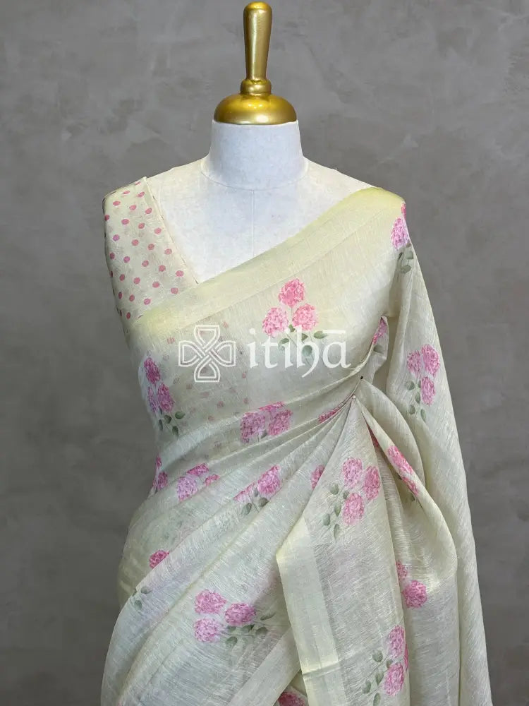 PURE SILK LINEN FLORAL PRINTED SAREE