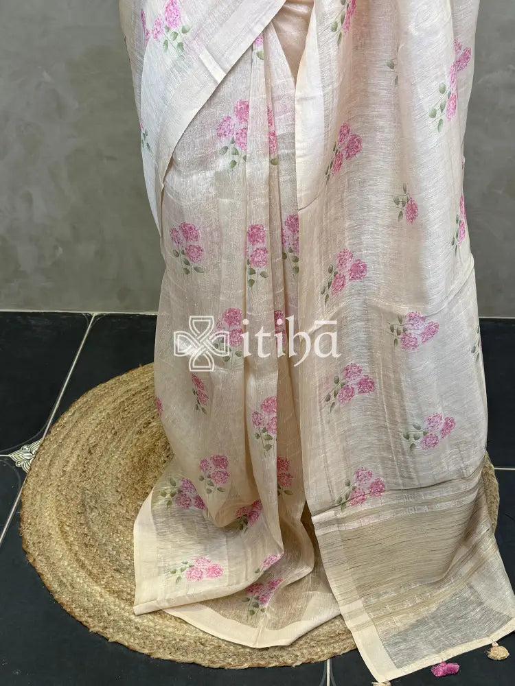 PURE SILK LINEN FLORAL PRINTED SAREE
