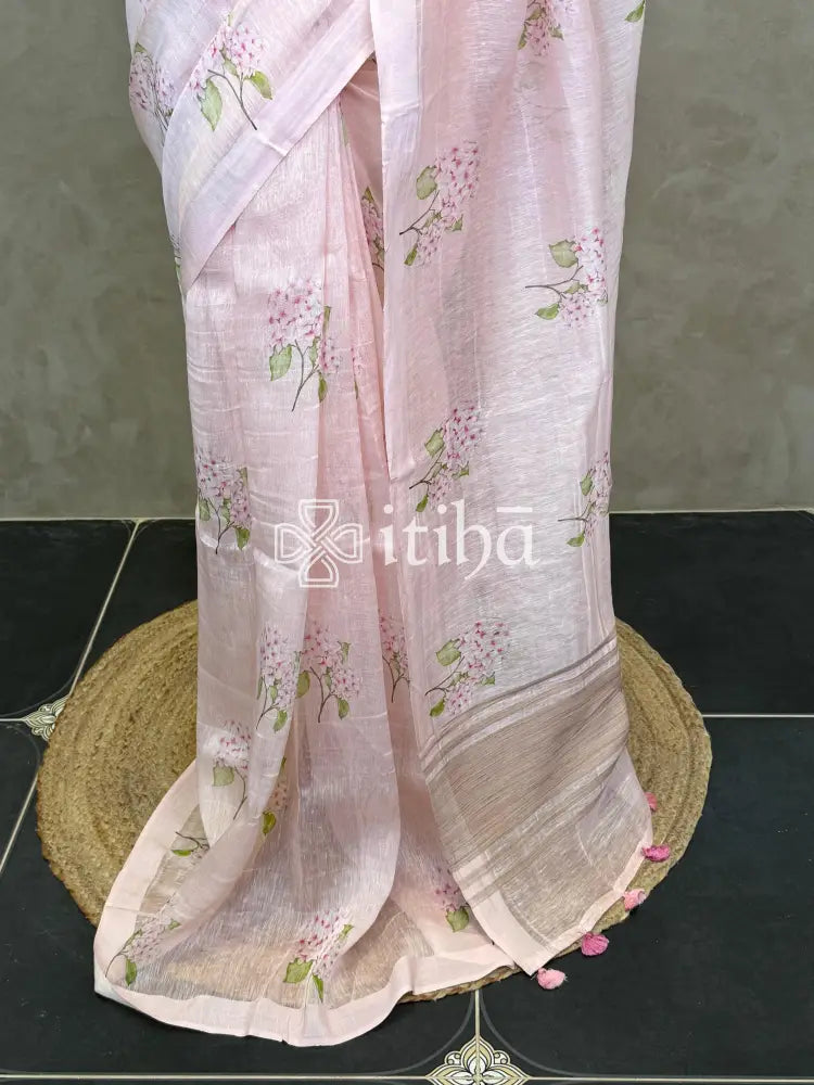 PURE SILK LINEN FLORAL PRINTED SAREE