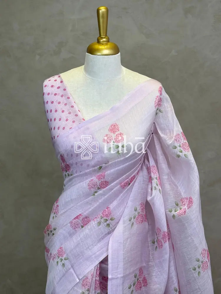 PURE SILK LINEN FLORAL PRINTED SAREE