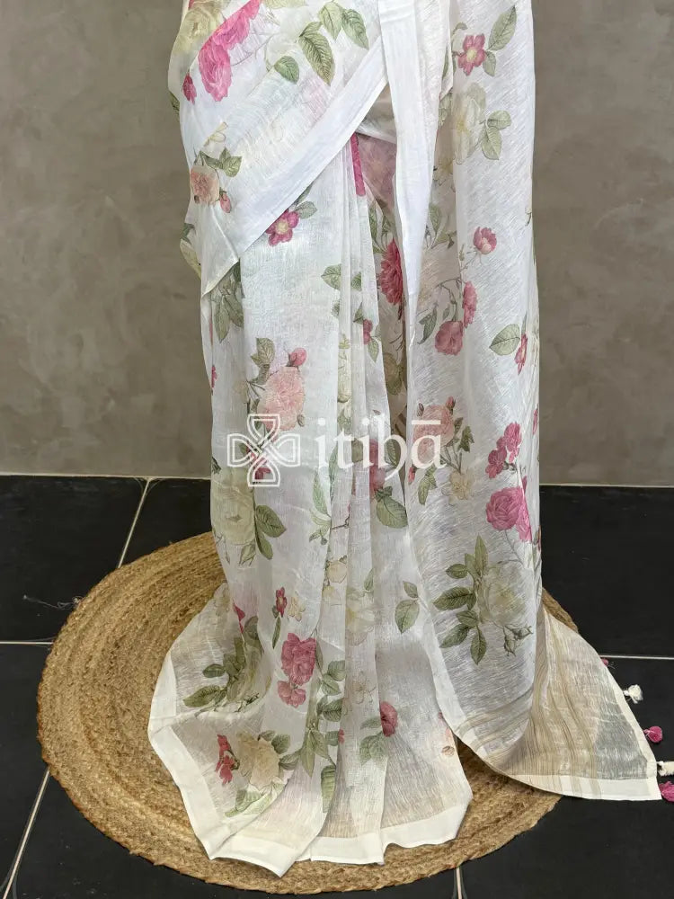 PURE SILK LINEN FLORAL PRINTED SAREE