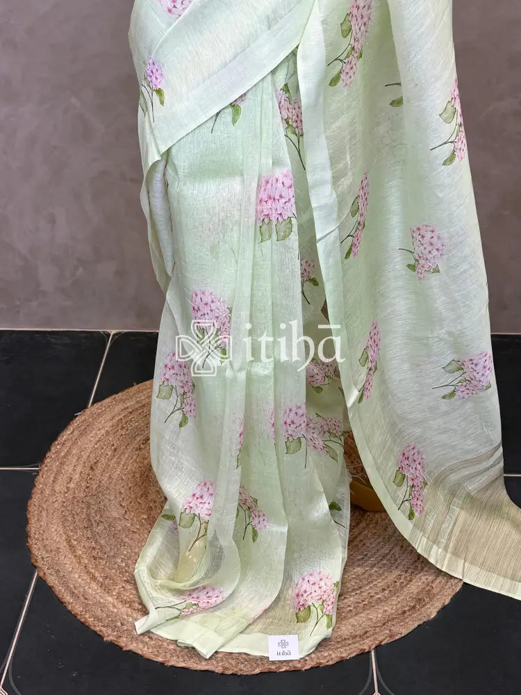 PURE SILK LINEN FLORAL PRINTED SAREE