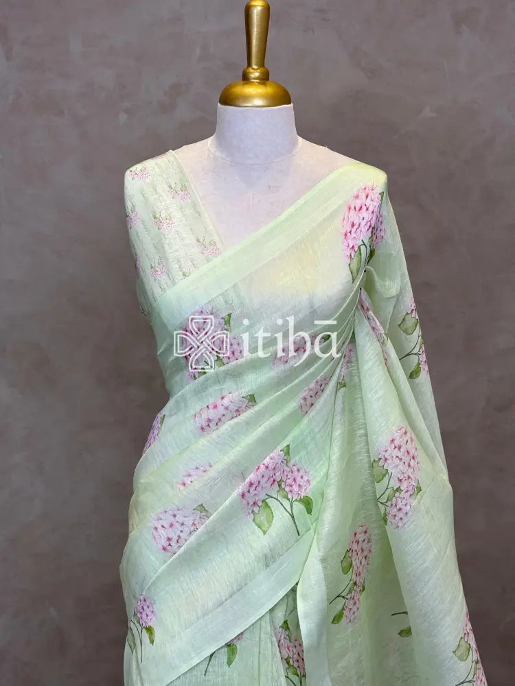PURE SILK LINEN FLORAL PRINTED SAREE