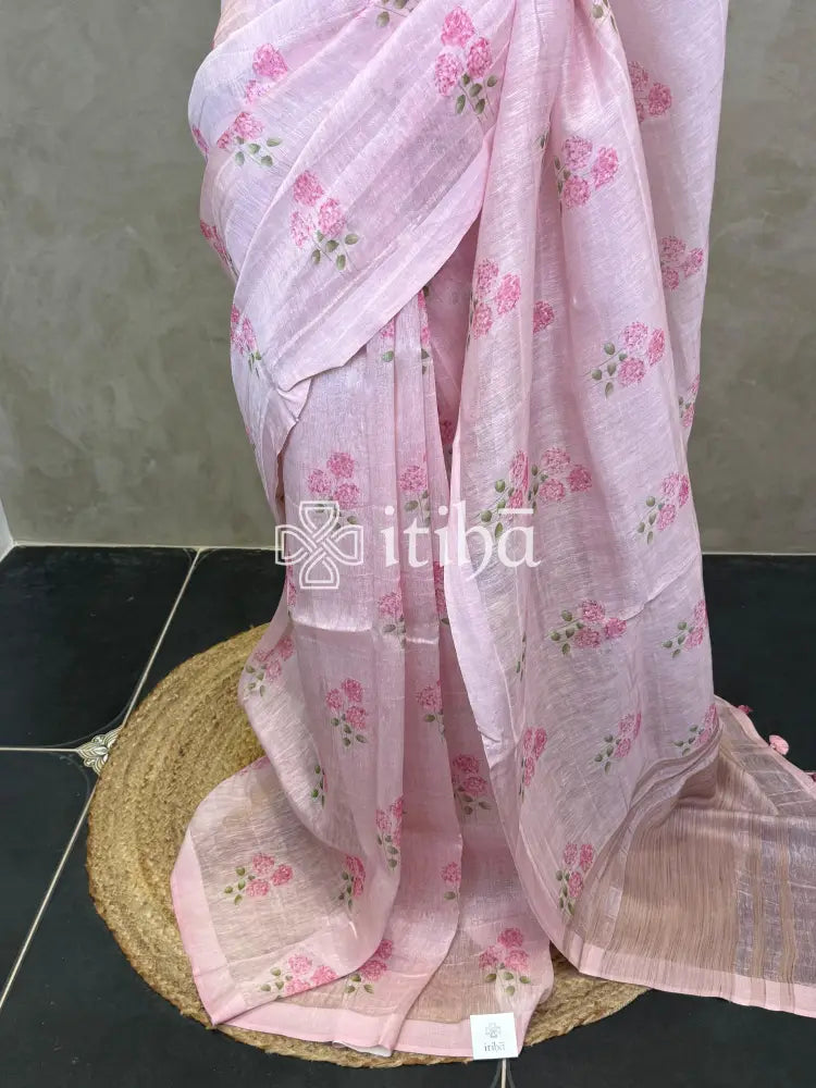 PURE SILK LINEN FLORAL PRINTED SAREE