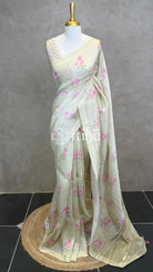 PURE SILK LINEN FLORAL PRINTED SAREE - LIGHT YELLOW